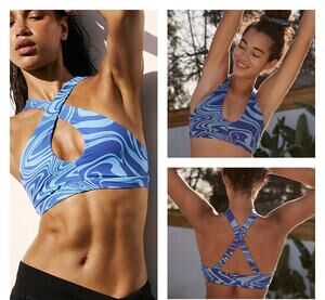 NEW Beach Riot x Free People Halter Wrap Neck Blue Swirl Aly Active Top Size XS